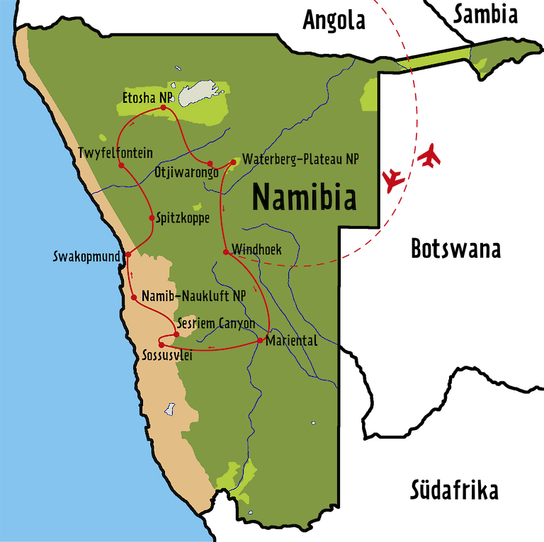 Selbstfahrerreise nach Namibia - Namibias Höhepunkte na namibias hoehepunkte route.768x0